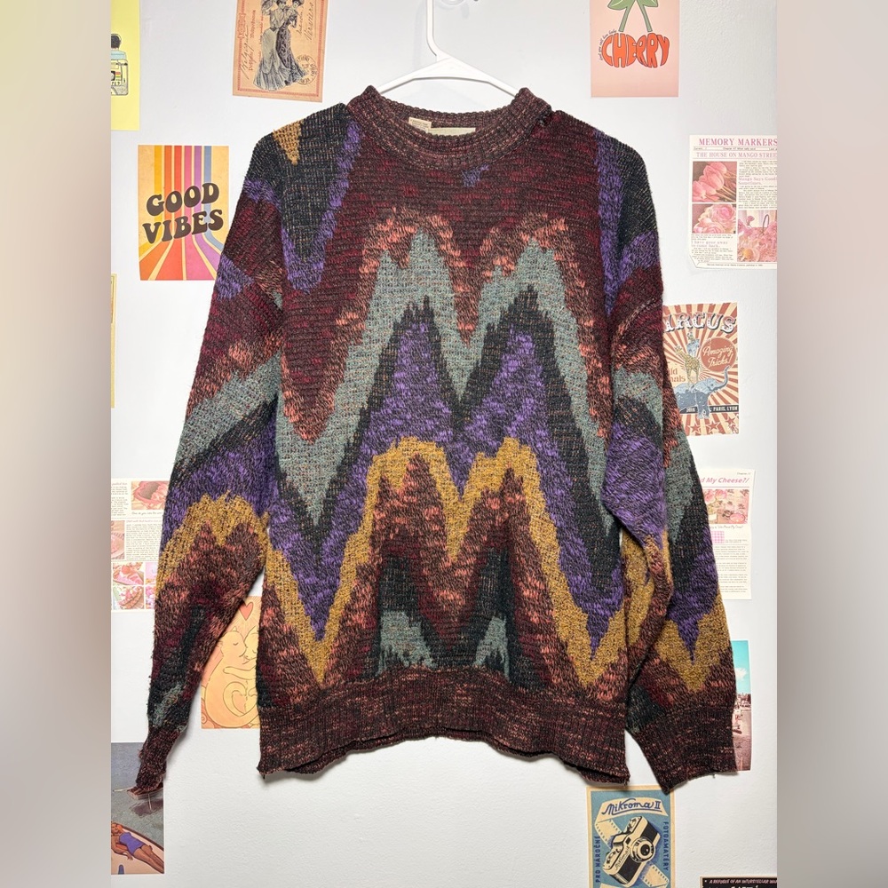 Men's Multicolor Chevron Crewneck Sweater - Burgundy, Purple & Mustard